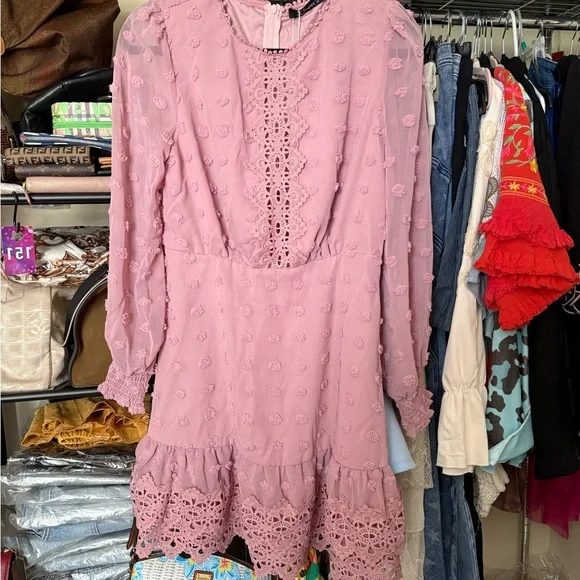 Simplee Apparel Dusty Pink Lace-Trim Long Sleeve Mini Dress - Picture 2 of 4